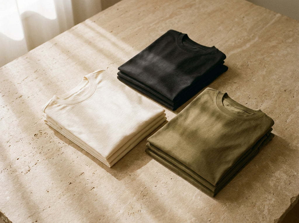Three CRAFT tees folded in ivory, charcoal and olive