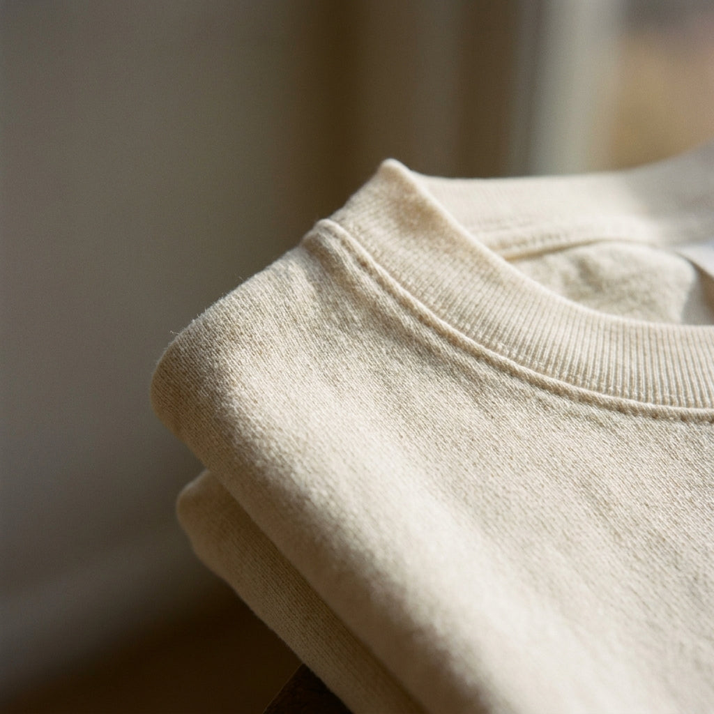 Close detail of the ribbed collar and dense combed-cotton weave